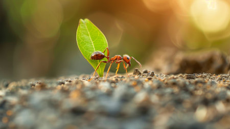 A close-up of a single ant carrying a tiny leaf, showcasing the strength and industriousness of these tiny insects.の素材