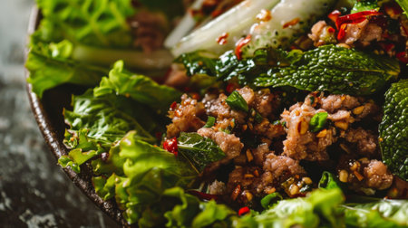 A close-up of a spicy and tangy larb (Thai minced meat salad) served with fresh herbs and lettuce leaves.の素材