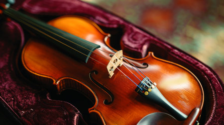 A close-up of a violin resting on a velvet cushion, its elegant curves and strings ready to produce enchanting melodies.の素材
