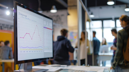 A detailed line graph displayed on a large monitor, with people discussing the data in the background.の素材