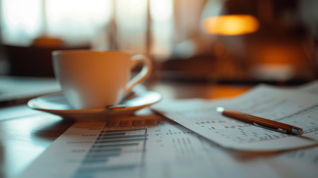 A close-up of financial documents and charts on a desk, with a cup of coffee and a pen in the background.の素材