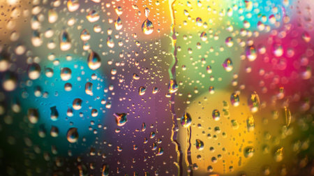 A close-up of water droplets on a window pane, refracting the light into dazzling prisms of color.の素材