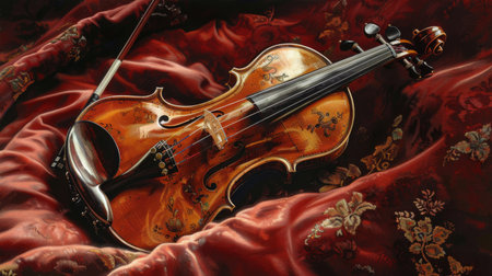 A close-up of a violin resting on a velvet cushion, its elegant curves and strings ready to produce enchanting melodies.の素材