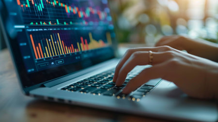 A close-up of hands typing on a laptop keyboard with financial graphs and charts displayed on the screen.の素材