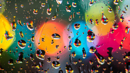 A close-up of water droplets on a window pane, refracting the light into dazzling prisms of color.の素材