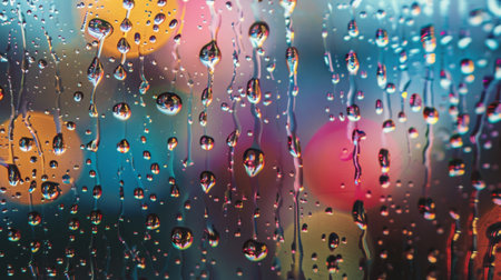 A close-up of water droplets on a window pane, refracting the light into dazzling prisms of color.の素材