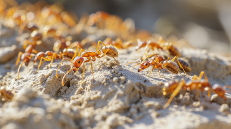 A colony of fire ants constructing a mound in sandy soil, illustrating their ability to modify their environment.の素材