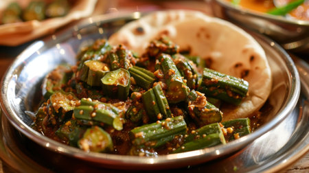 A detailed view of a delicious plate of bhindi masala (spicy okra) with fresh chapatis on the sideの素材