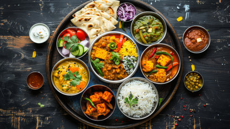 A colorful thali platter featuring a variety of Indian dishes like dal, paneer, pickles, and chapati.の素材