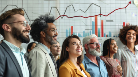 A diverse group of business professionals analyzing a growth chart on a whiteboardの素材
