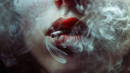 A dramatic close-up of smoke being exhaled through a person's lips, with the smoke curling and dissipating into the air.の素材
