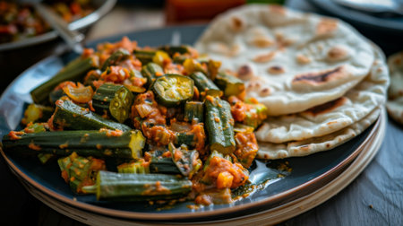 A detailed view of a delicious plate of bhindi masala (spicy okra) with fresh chapatis on the sideの素材