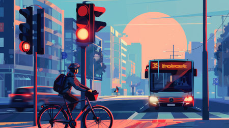 A cyclist waiting at a traffic light showing red, with urban buildings and a bus in the background.の素材