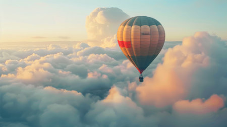 A colorful hot air balloon floating peacefully among fluffy clouds, offering a bird's eye view of the breathtaking scenery below.の素材