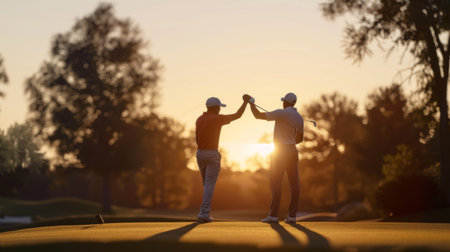 A golfer celebrating a successful shot with a high-five from a fellow player, enjoying the camaraderie of the game.の素材