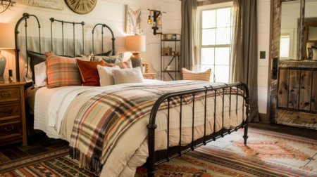 A farmhouse-style bedroom with a wrought-iron bed, plaid bedding, and rustic decor for a warm, inviting feel.の素材