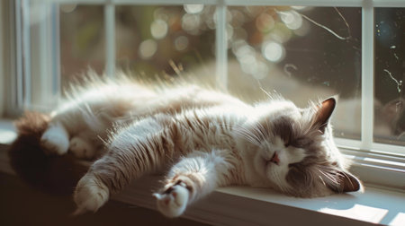 A fat Ragdoll cat sprawled out on a windowsill, soaking up the afternoon sun in a cozy room.の素材
