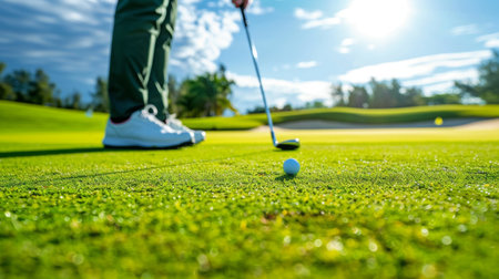 A golfer lining up a putt on a well-maintained green, with the flagstick in the background and intense concentrationの素材