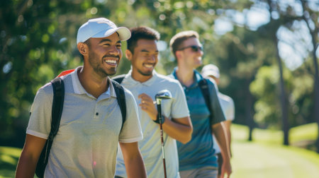 A group of friends enjoying a round of golf on a sunny day, with smiles and camaraderie on the fairway.の素材