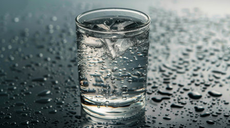 A glass of water with condensation droplets forming on the exterior, indicating its refreshing and chilled temperature.の素材