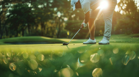 A golfer chipping onto the green from the rough, with focus on the ball and the anticipation of a successful shot.の素材