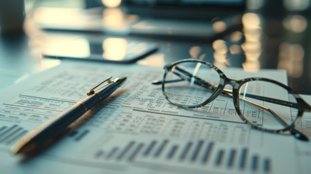 A detailed view of a balance sheet and financial statement on a desk, with a pen and glasses next to it.の素材