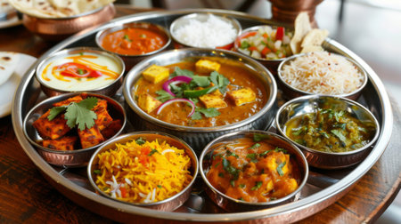 A colorful thali platter featuring a variety of Indian dishes like dal, paneer, pickles, and chapati.の素材