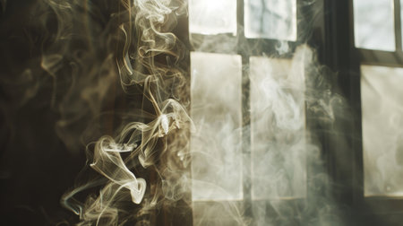 A dramatic shot of smoke from a cigarette swirling in front of a window, with the light casting shadows through the smoke.の素材