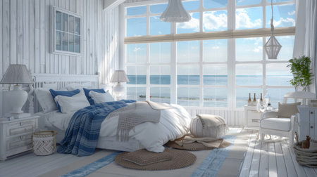 A coastal-themed bedroom with whitewashed furniture, nautical decor, and a view of the ocean through large windows.の素材