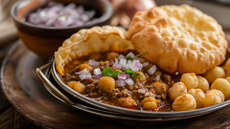 A detailed shot of a spicy, tangy plate of chole bhature, with fluffy bhature and a bowl of chole garnished with onionsの素材