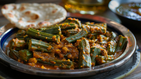 A detailed view of a delicious plate of bhindi masala (spicy okra) with fresh chapatis on the sideの素材