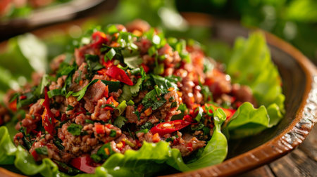 A close-up of a spicy and tangy larb (Thai minced meat salad) served with fresh herbs and lettuce leaves.の素材