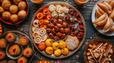 A festive spread of Indian sweets like jalebi, gulab jamun, and ladoo, arranged on a decorative plate.の素材