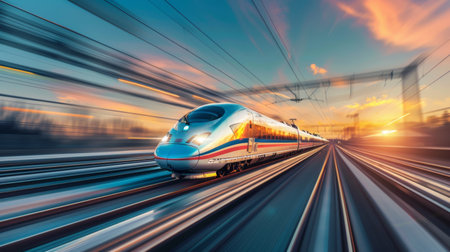 A dynamic shot of a high-speed train accelerating on a straight stretch of track, showcasing its power and speed capabilities.の素材