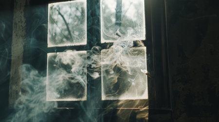 A dramatic shot of smoke from a cigarette swirling in front of a window, with the light casting shadows through the smoke.の素材