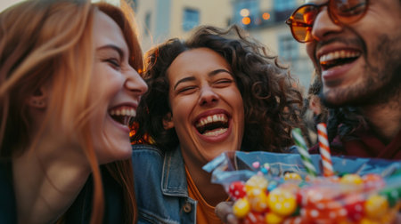 A group of friends laughing and joking while sharing a bag of assorted candies, their faces radiant with happiness.の素材