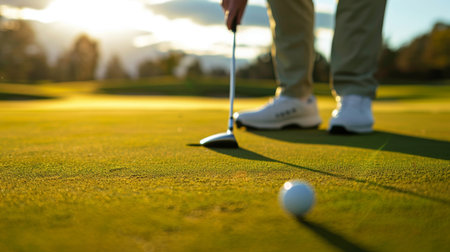 A golfer reading the green and lining up a putt with a putter in hand, focusing intently on the break and speed.の素材
