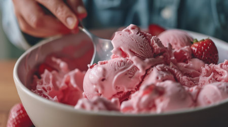 A hand dipping a spoon into a bowl of creamy strawberry ice cream, capturing the moment before the first delicious bite.の素材
