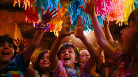 A group of kids with hands outstretched, eagerly waiting to receive handfuls of candies from a pinata at a party.の素材