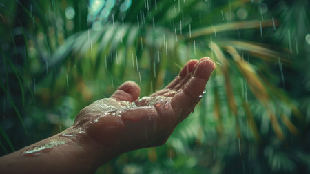 A hand holding out a palm to catch raindrops falling from the sky, with a joyful expression capturing the simple pleasure of nature.の素材
