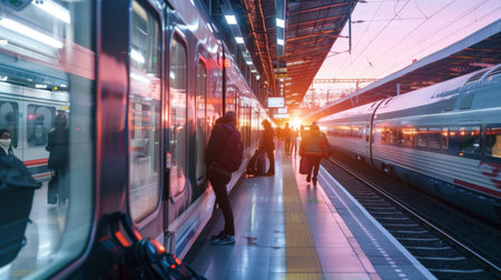 A high-speed train station platform bustling with activity as passengers board and disembark, symbolizing seamless transit connections.の素材