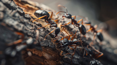 A macro shot of ants crawling on a tree branch, highlighting their intricate anatomy and unique patterns.の素材