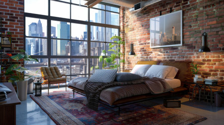 A loft bedroom with an exposed brick wall, industrial-style furniture, and large windows providing a city view.の素材