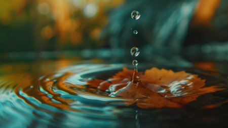 A macro shot of a water droplet about to fall from the tip of a leaf, captured in a moment of suspended animationの素材