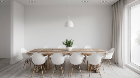 A minimalist dining area with a wooden table, simple white chairs, and a pendant light hanging above, creating an elegant atmosphere.の素材