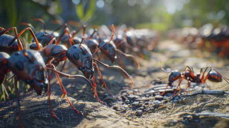 A line of ants marching in unison along a trail, demonstrating their efficient communication and navigation abilities.の素材