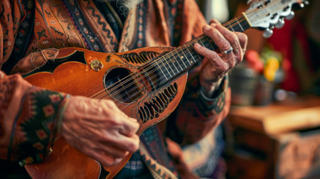 A mandolin player plucking cheerful folk melodies, with the instrument's distinctive shape and strings creating a vibrant sound.の素材