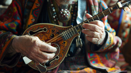 A mandolin player plucking cheerful folk melodies, with the instrument's distinctive shape and strings creating a vibrant sound.の素材