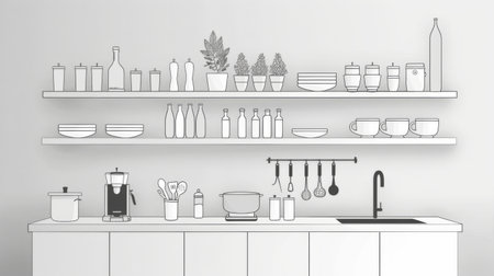 A minimalist kitchen with open shelving, white countertops, and a few select items for a clutter-free look.の素材