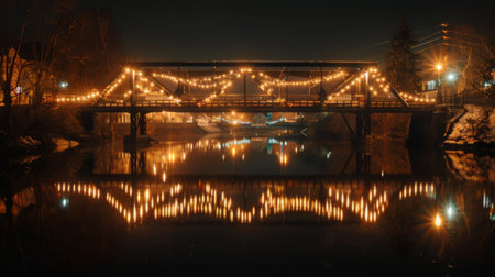 A night scene of a bridge crossing a river, with festive lights strung along the rails, reflecting in the water below.の素材